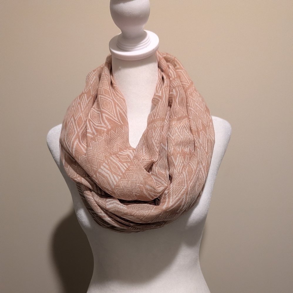 Beige And White Geometric Patterned Infinity Scarf - image 1